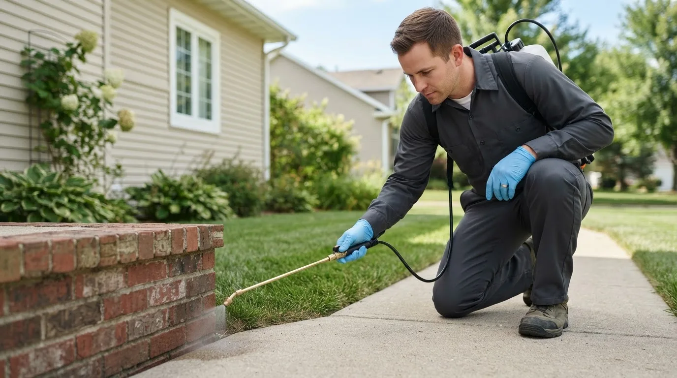 Pest control technician treating a home near Fort Madison, IA