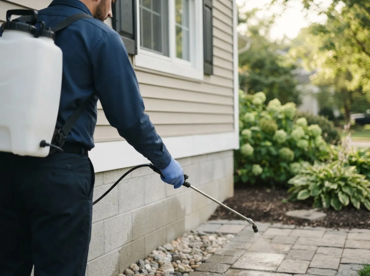 Pest control technician inspecting a home in Fort Madison, IA